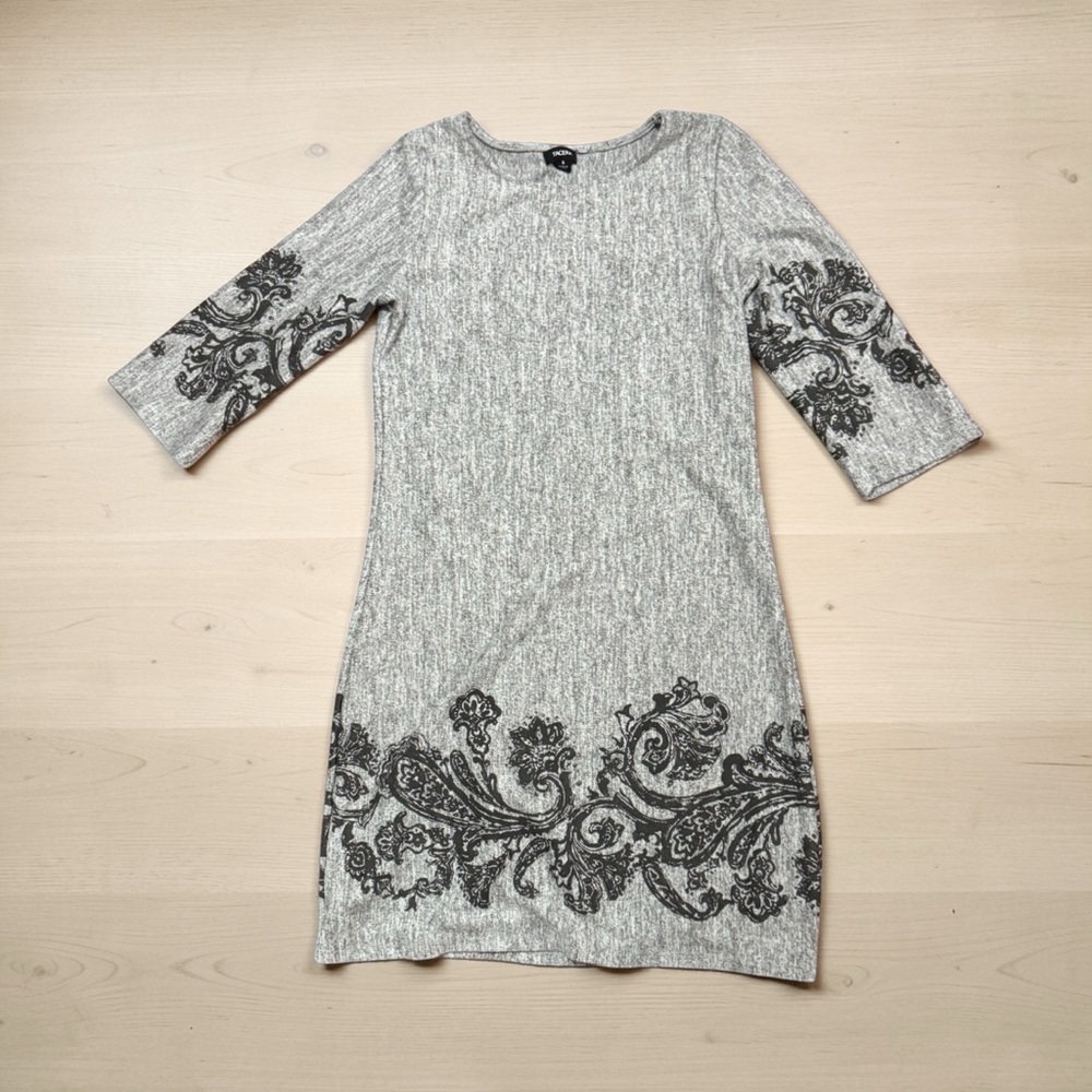 Tacera Gray Knit Sheath Dress with Black Scroll Detail